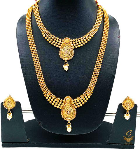 South indian double long necklace gold plated set (artificial gold)