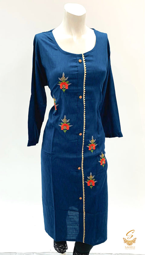 Peacock blue colour rayon based embroidered kurti