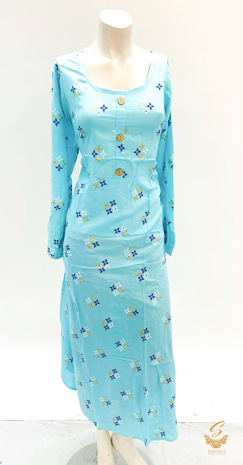 pastel blue colour rayon based printed work kurti size50