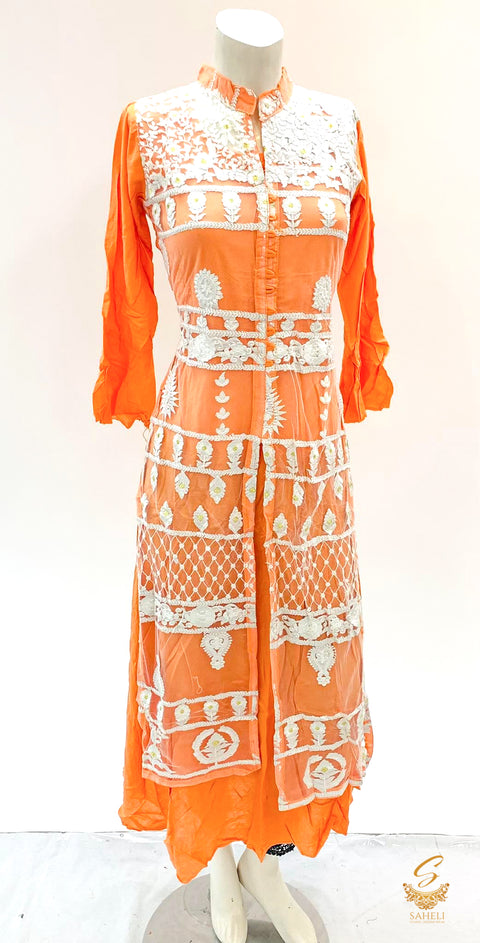 peach colour rayon based white embroidery kurti jacket attached size 38