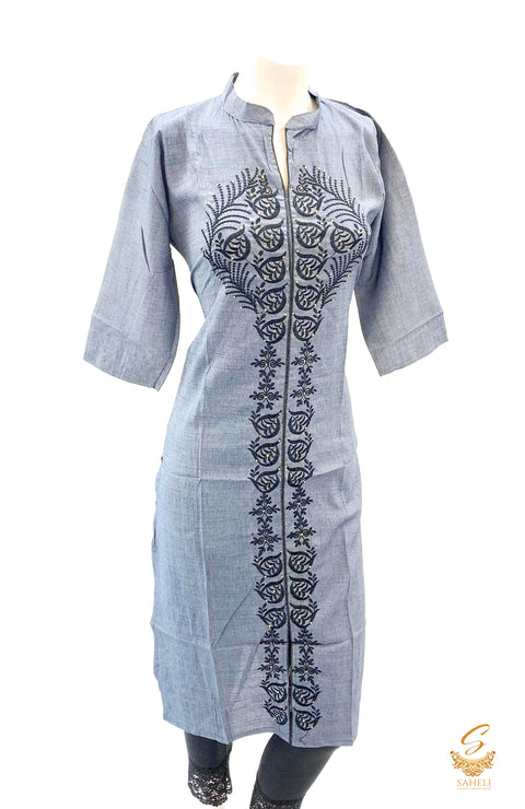Dark grey two toned shades rayon based embroidery work kurti size 40