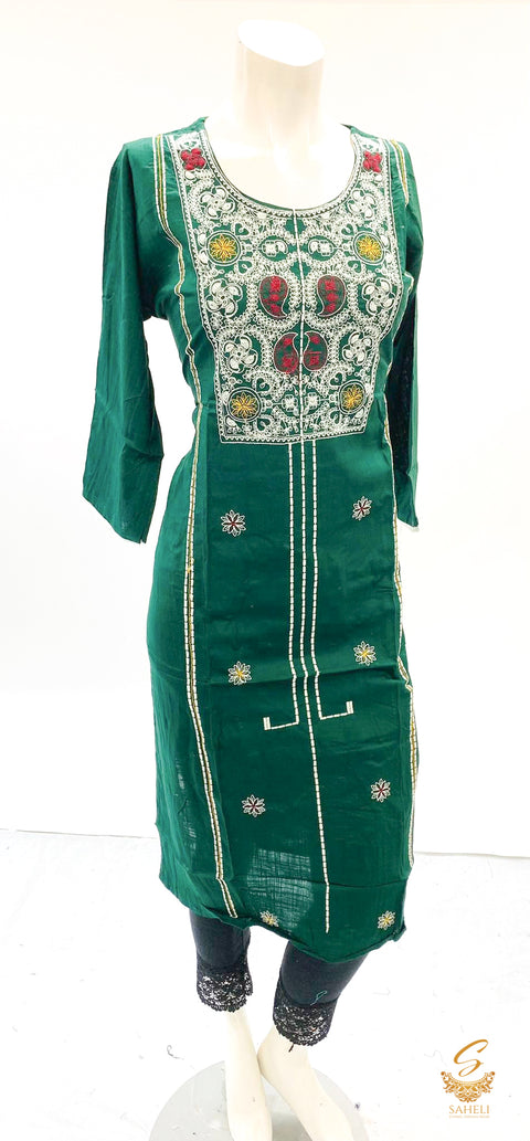 green colour rayon based embroidered work kurti size 42