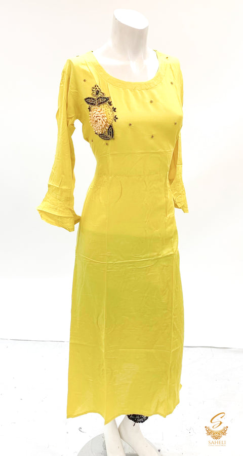 yellow colour rayon based handwork on neck kurti size 42