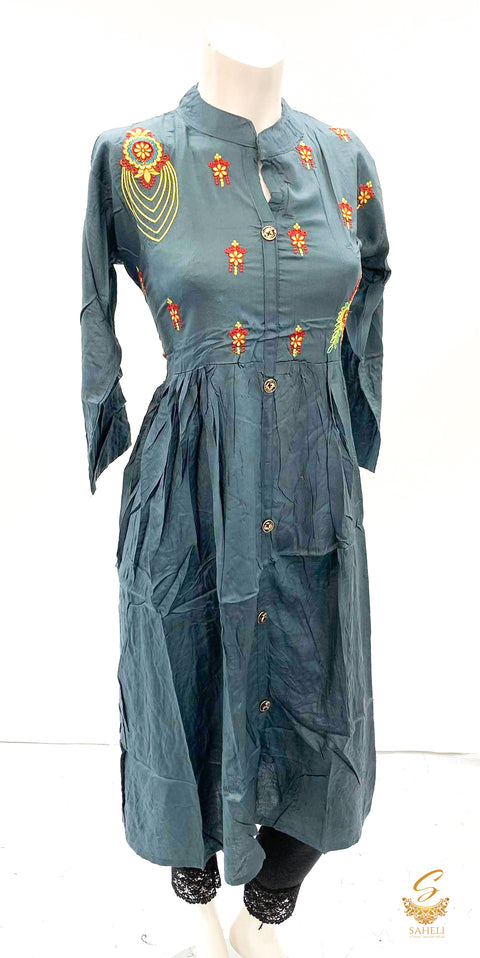 dark grey colour  rayon based embroidered flared kurti size 44