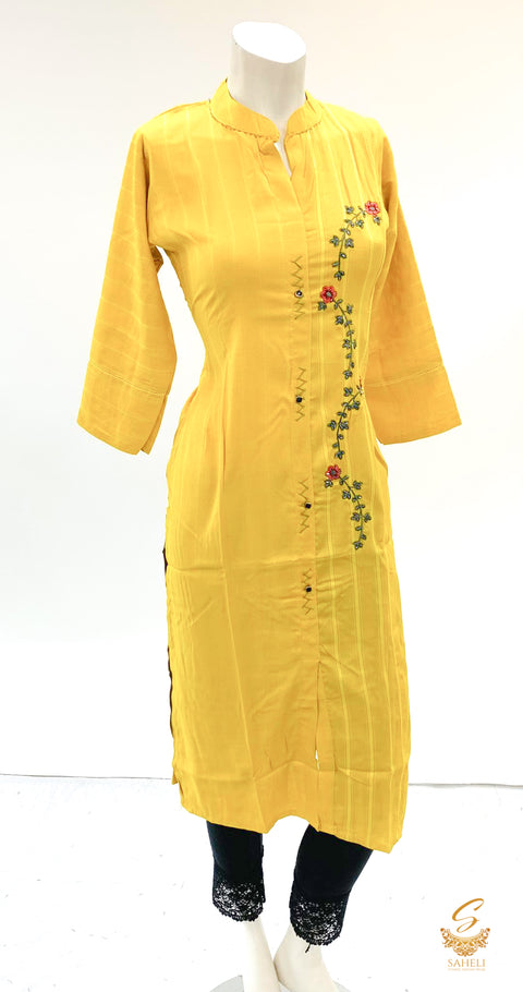 Yellow colour rayon based embroidery work designer kurti size 40