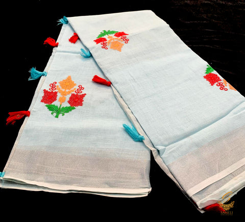 pastel icing blue colour linen saree with embroidery work