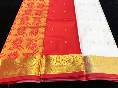 White And Red Silk Saree With Red Unstitched Blouse
