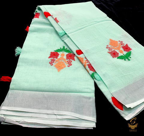pastel mint colour linen saree with embroidery work