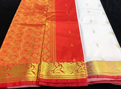 White And Red Silk Saree With Red Unstitched Blouse