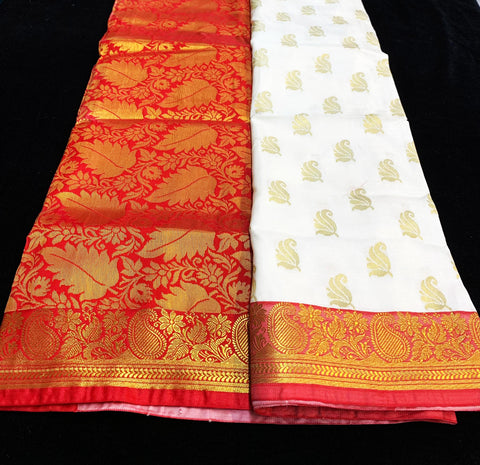 White And Red Silk Saree With Red Unstitched Blouse