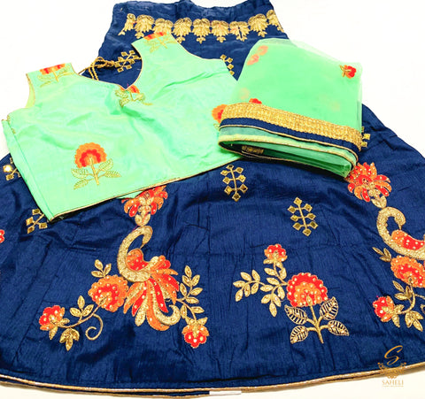 Nevi blue colour embroidery work with lime green blouse and dupatta