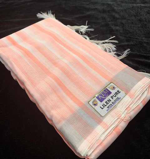 Peachy pink  and white striped linen saree