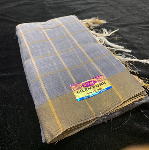 grey and golden striped linen saree