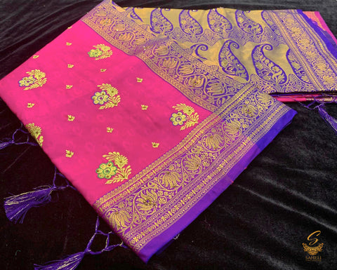 hot pink and violet colour Banarasi Silk Heavy Zari With Embroidery Stone Work Saree