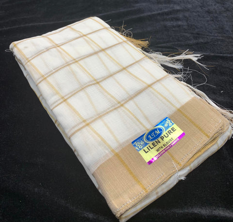 cream and golden striped linen saree