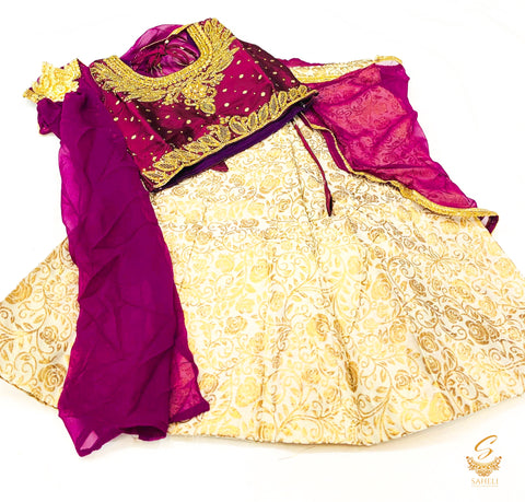 Purple colour silk based blouse with embroidery & Stone work with golden brocade silk Lehnga & attached georgtte dupatta