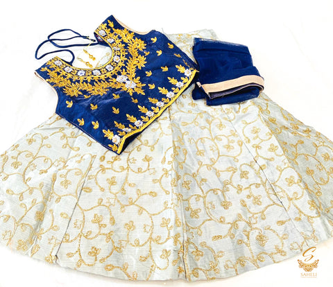 Navy Blue colour silk based blouse with embroidery & Stone work with Grey silk embroidered Lehnga & netting dupatta