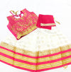 Hot pink velvet heavy stone work blouse with golden cream colour silk lehnga with dupatta