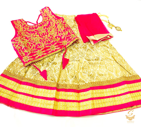 Hot pink colour silk based blouse with embroidery & Stone work with golden brocade silk Lehnga & netting dupatta