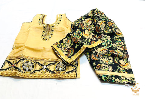 golden colour silk based kameez and printed salwar suit