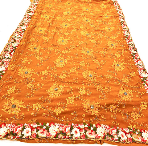 Dark mustard Colour pure soft georgette heavy embroidery & stones work all over beautiful designer heavy saree