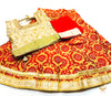 Golden brocade silk blouse with printed brocade silk Red colour lehnga & netting dupatta