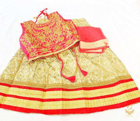 Pink colour silk based blouse with embroidery & Stone work with golden brocade silk Lehnga & netting dupatta