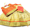 Peachy pinkbrocade silk blouse with stone work ,printed brocade silk golden colour lehnga & netting dupatta