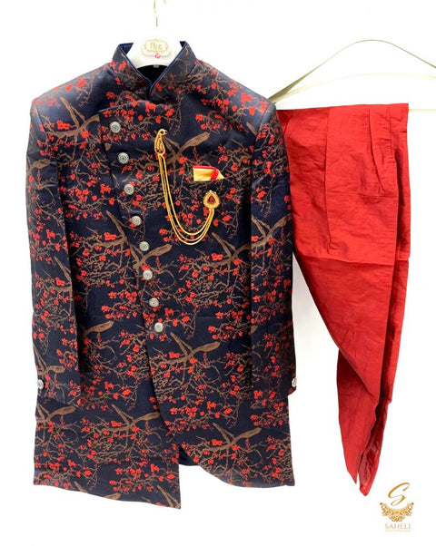 Raw Silk Mens Indo Western with Red colour Harem Pents