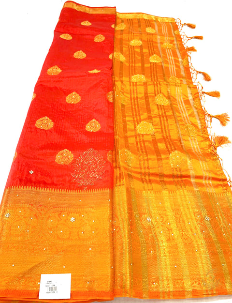 Red colour art silk saree with stone work orange  border and pallu
