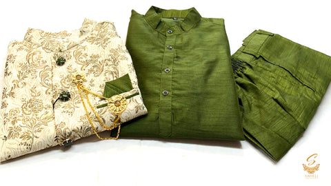 Henna green colour Art silk based kurta with pent & brocade silk floral print jacket