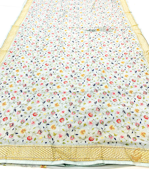 Grey colour pure georgette based floral work heavy embroidery jaal work with stones all over with heavy work on blouse