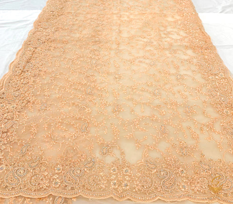 Peach colour netting based heavy embroidery jaal work with stones all over with heavy work on blouse