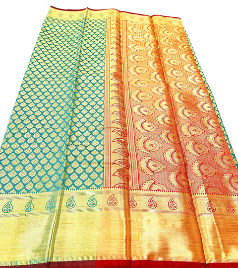 Turquiose colour Banarsi brocade Silk saree with dark Maroon pallu and border