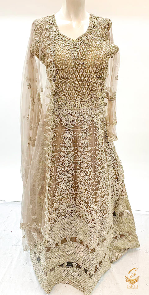 Dusky colour netting based heavy embroidery work all over with stone work beautiful gown Size 42(UPTO 44)
