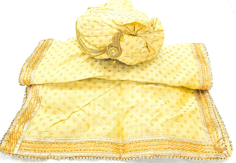 Golden  colour silk based golden printed Dulha Pagdi With dupatta set
