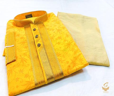 Dark mustard colour Art silk based printed embroidered kurta
