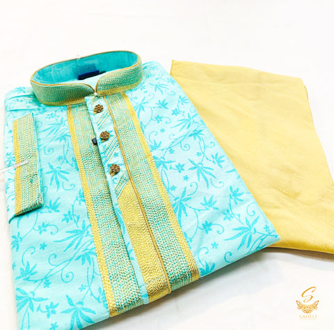 lite soft cyan colour Art silk based printed embroidered kurta