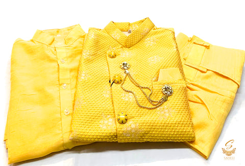 Dark yellow colour Art silk based kurta with pent & brocade silk floral print jacket