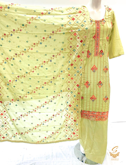 Pastel Mint shade pure chinnon heavy embroidered kameez & Dupatta with Salwar SIZE 46(upto 48)