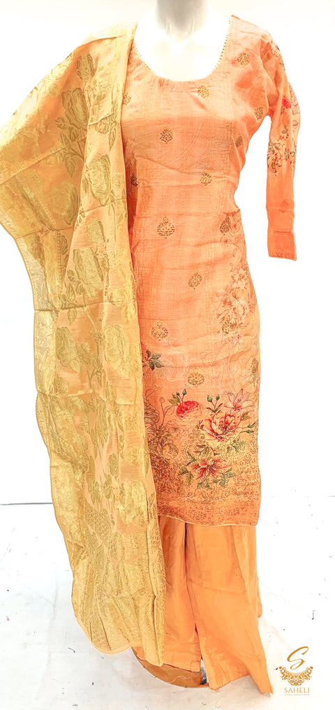 Peach colour organza silk printed kameez with circular plazo with banarsi silk dupatta Size 40 (upto 42)