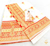 Cream colour brocade soft silk saree with red border and pallu