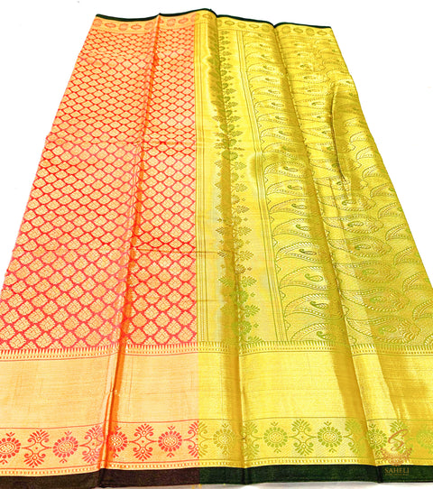Peachy Pink colour Banarsi brocade Silk saree with lime green pallu and border