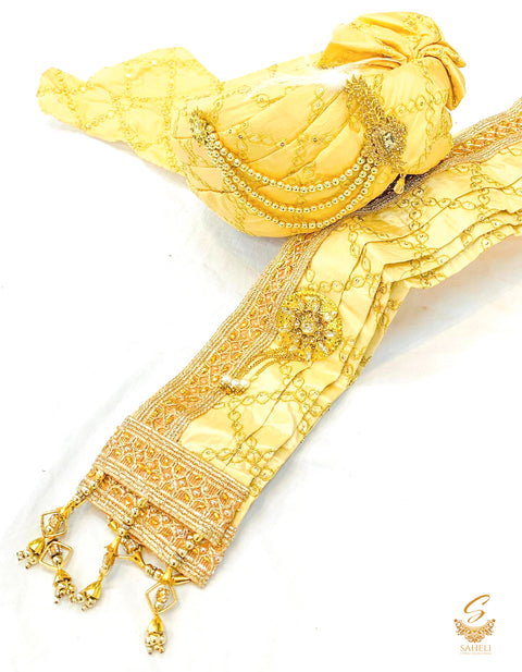 Golden  colour silk based golden printed Dulha Pagdi With dupatta set