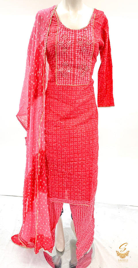 Red colour pure cotton printed Kameez with Plazo Pent & printed pure chiffon dupatta SIZE 44 (UPto 48)