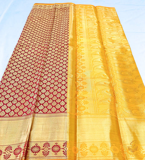 Dark Maroon colour Banarsi brocade Silk saree with mustard pallu and border