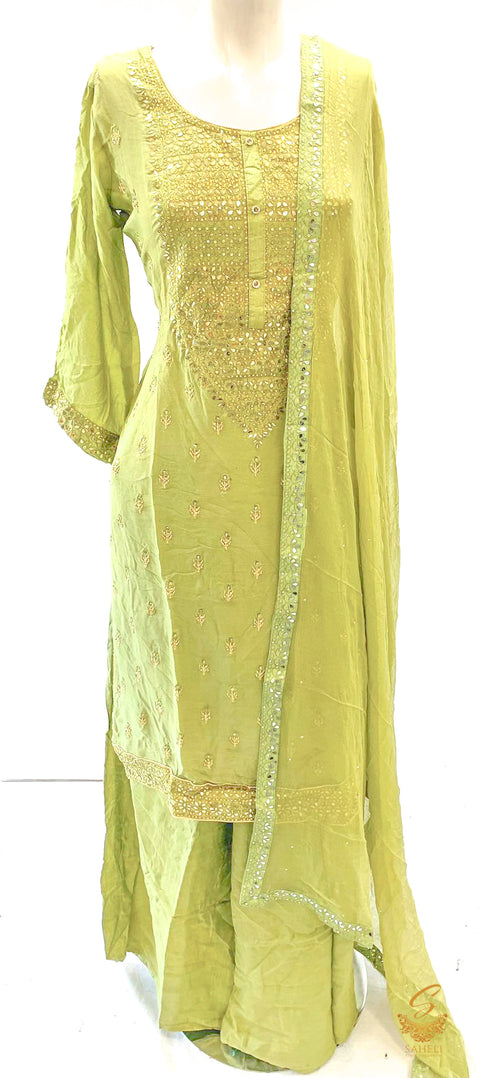 Mint colour mirror work & stone work pure chiffon kameez & dupatta with crape rayon circular plazo Size 40 (upto 42)