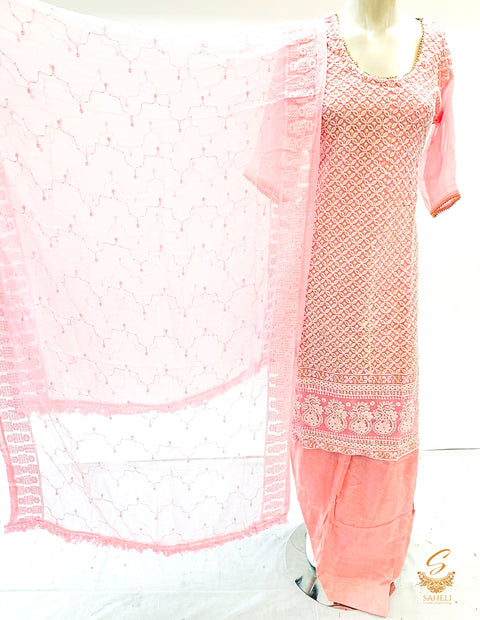 Pink colour Pure chiffon heavy lakhnavi embroidery work all over with Salwar & pure chiffon embroidered dupatta SIZE 44(UPTO 46)