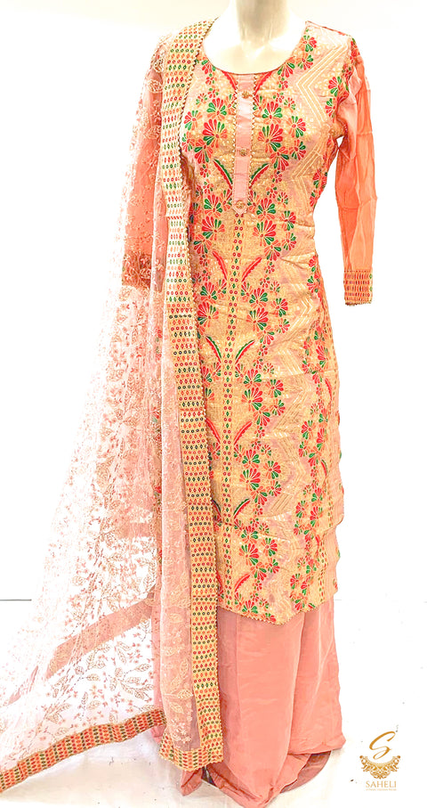 Peach colour brocade silk embroidered kameez with Circular Plazo & embroidered netting heavy work dupatta SIZE 42 (upto 44)