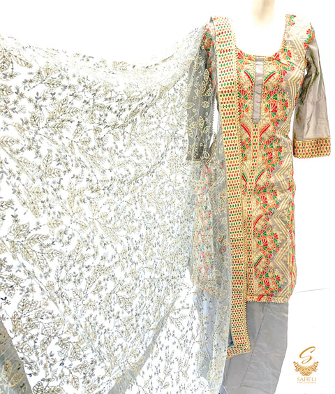 Grey colour brocade silk embroidered kameez with salwar & embroidered netting heavy work dupatta SIZE 38 (upto 40)